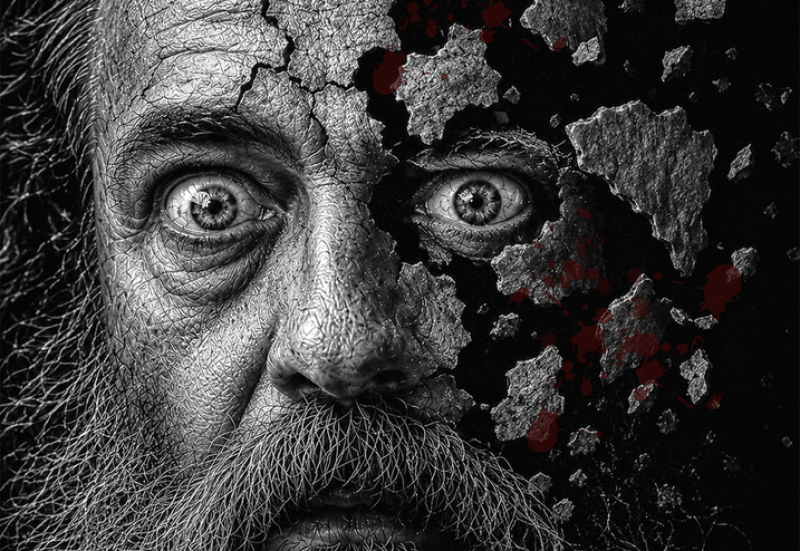 Retrato psicológico en blanco y negro de un hombre con el rostro fragmentado, perteneciente a la serie La Grieta de F. J. Pineda.