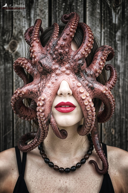 Retrato de mujer adulta con el rostro cubierto por tentáculos de pulpo, en una composición surreal y marina.