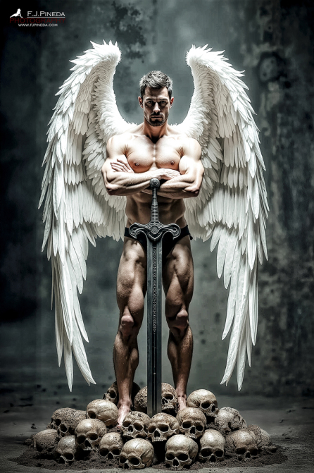 Figura masculina o andrógina desnuda, de pie con grandes alas blancas y los brazos cruzados sobre el pecho, en un interior oscuro.