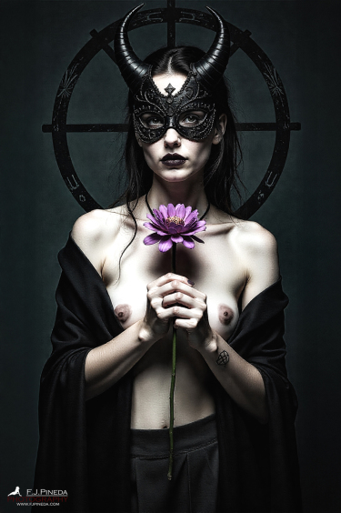 Mujer adulta con máscara negra de cuernos, sosteniendo una flor morada ante el pecho en una composición ritual.