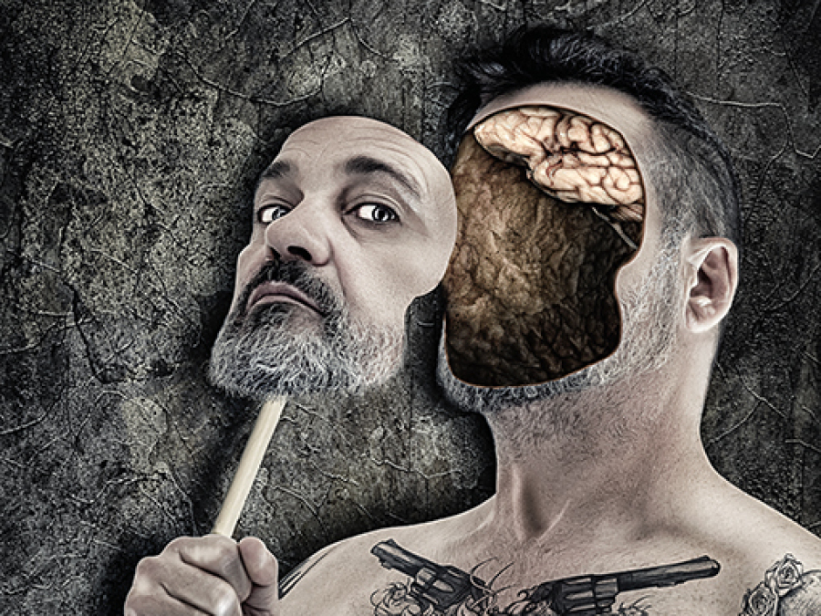 Imagen conceptual de dos figuras masculinas en una composición simbólica del bloque Series íntimas, memoria y heridas de F. J. Pineda.