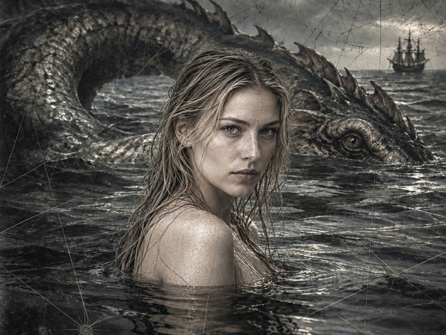 Oriana dentro del mar frente a una enorme criatura marina en una escena de fantasía de la serie Mare Incognitum.