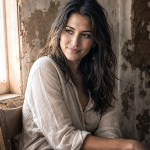 Retrato de mujer adulta sentada junto a una ventana, con camisa clara y fondo de pared antigua desconchada.