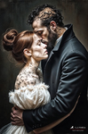 Pareja abrazada en una escena íntima, con manchas y grietas visibles sobre la piel, evocando una emoción que se descompone físicamente.