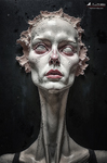 Retrato frontal de una figura de cuello alargado, ojos velados y rostro agrietado, con apariencia de estatua erosionada.