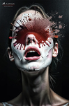 Retrato frontal de una figura con la boca entreabierta y una gran mancha roja y blanca cubriendo los ojos y parte del rostro.