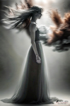 Figura femenina de perfil con vestido largo oscuro, atravesada por una nube de materia y polvo que parece salir del pecho.