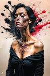 Mujer con vestido negro y hombros descubiertos, con manchas negras y rojas extendiéndose detrás de la cabeza y sobre el cuello.
