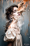 Mujer de perfil con vestido claro, de cuyo rostro y cuello emerge una forma orgánica clara, como una materia interna saliendo al exterior.