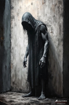 Figura oscura encapuchada de pie en una habitación deteriorada, con el cuerpo cubierto de sombras y materia líquida descendente.