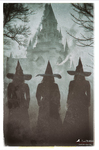 Tres siluetas de brujas con sombreros puntiagudos caminando entre árboles y niebla, en una imagen sombría de la serie Brujas.