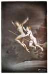 Dos brujas desnudas volando juntas sobre una escoba en una escena oscura y fantástica de la serie Brujas de F. J. Pineda.