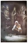 Figura arrodillada ante varios personajes encapuchados, en una escena oscura que evoca juicio, miedo y condena.