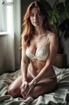 Mujer adulta pelirroja sentada sobre una cama con ropa íntima clara, junto a una planta de interior.