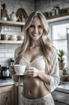 Mujer adulta sonriente con una taza blanca en una cocina luminosa, vestida con ropa íntima de encaje.