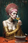 Mujer de cabello rosa con gran tocado ornamental, sosteniendo una copa de vino en una escena elegante y teatral.
