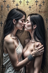 Dos mujeres muy próximas, una frente a la otra, en una escena íntima donde el contacto y la mirada construyen una atmósfera sensual.