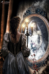 Mujer ante un gran espejo ovalado cuyo interior muestra una escena luminosa y diferente al entorno oscuro.