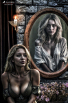 Mujer rubia en primer plano junto a un espejo ovalado que muestra otra figura femenina, en una escena de doble identidad.