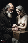 Anciano sentado frente a una mujer adulta semidesnuda con velo claro, uniendo las manos en una escena íntima y simbólica.