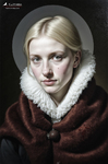 Retrato de mujer rubia con rostro pálido, gran cuello blanco y abrigo oscuro, sobre fondo negro de aire antiguo.