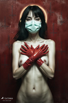 Mujer adulta con mascarilla verde y guantes rojos, sosteniendo una forma roja entre las manos sobre fondo oscuro.