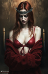 Mujer adulta con máscara de cuernos, lencería roja y manto oscuro, posando junto a una vela encendida.
