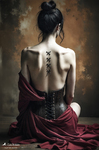 Mujer adulta vista de espaldas, sentada con el cabello recogido y una tela roja cubriendo la parte inferior del cuerpo.