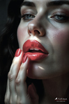 Primer plano de una mujer con labios rojos y dedos con uñas rojas apoyados cerca de la boca.