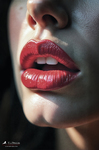 Primer plano lateral de una boca con labios rojos brillantes, iluminada con luz intensa y fondo oscuro.