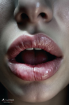 Primer plano de labios claros entreabiertos, con brillo suave y luz fría sobre la piel.