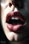 Primer plano de una boca abierta con labios rojos oscuros, iluminada con fuerte contraste de luz y sombra.