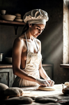 Mujer adulta con delantal claro y gorro de panadera, sentada junto a una mesa de trabajo iluminada por la ventana.
