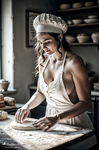 Mujer adulta con delantal y gorro de panadera amasando sobre una mesa enharinada, con panes al fondo.