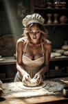 Mujer adulta con gorro de panadera amasando sobre una mesa iluminada, con un gesto sereno y concentración en las manos.