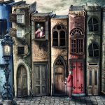 Edificio antiguo y fantástico con ventanas, escaleras y luces rojas, como escenario urbano de un sueño circense.
