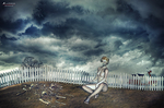 Figura solitaria corriendo o avanzando por un paisaje exterior oscuro, bajo un cielo tormentoso y ambiente de pandemia.