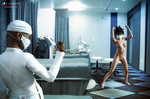Escena de interior sanitario o habitación azulada con una figura vestida de blanco frente a una mujer adulta, evocando distancia y control médico.