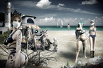 Escena surreal de playa con varias figuras usando mascarillas, en un paisaje abierto pero marcado por la distancia y la inquietud.