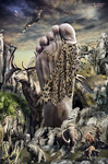 Gran pie humano emergiendo de un paisaje salvaje y apocalíptico, rodeado de animales, ramas y figuras diminutas. Prehistoria Edad de Piedra