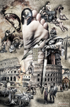Pie gigante elevado sobre una ciudad clásica con edificios monumentales, multitudes y figuras fantásticas alrededor. Imperio Romano