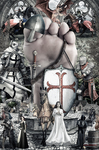 Pie gigante convertido en icono central, rodeado de figuras religiosas, cruces, máscaras y una mujer vestida de blanco. Edad Media