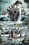 Gran pie emergiendo entre aguas turbulentas, con barcos, figuras humanas y un ambiente de desembarco fantástica. Conquista de América