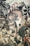 Gran pie tatuado dentro de una escena oriental y barroca, rodeado de figuras femeninas, sombrillas y elementos decorativos. Japón.