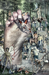 Pie gigante en un bosque lleno de pequeñas figuras, mariposas y personajes reunidos como en una procesión fantástica.