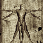 Figura masculina desnuda con los brazos extendidos, evocando un estudio anatómico clásico sobre fondo envejecido.