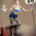 Mujer adulta con bikini azul y maleta, posando junto a una señal de carretera estilo Route 66.