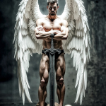 Figura masculina o andrógina desnuda, de pie con grandes alas blancas y los brazos cruzados sobre el pecho, en un interior oscuro.