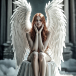 Mujer adulta pelirroja sentada entre grandes alas blancas, con las manos juntas cerca del rostro y ambiente celestial.