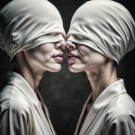 Dos mujeres adultas con los ojos vendados, enfrentadas muy cerca en una escena de tensión íntima y simbólica.